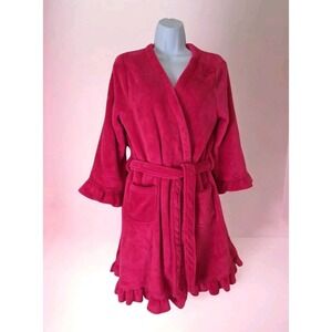 Charlotte Bathrobe XL Pink Plush Ruffled Knee Length Pockets Belt Lounge Wear